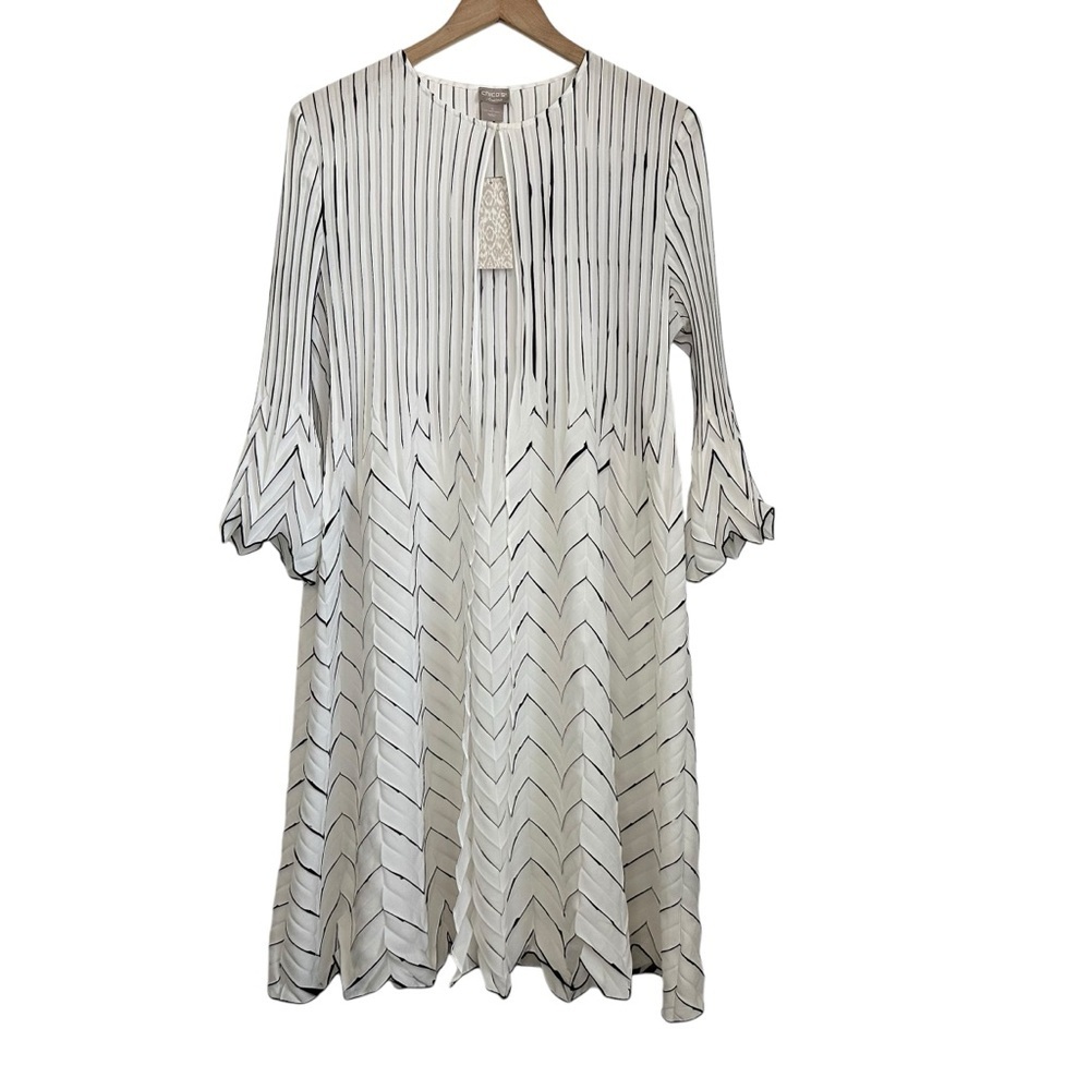 Chicos Womens Travelers Pleated Long Cardigan Jacket Sz 12/14 White 3/4 Sleeve